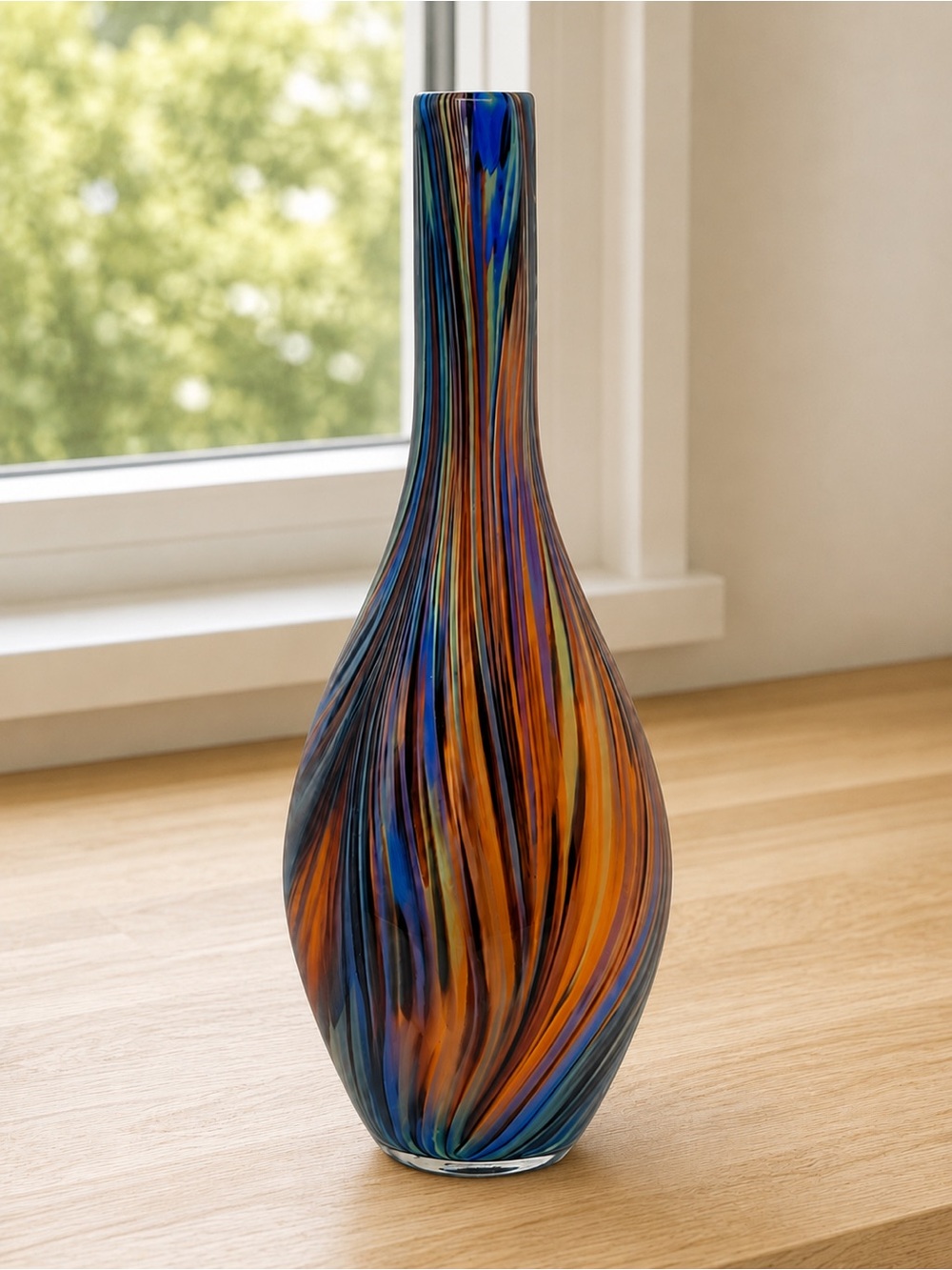 MCM Vintage Cased Art Glass Murano Style Peacock Feather Striped Handblown Vase